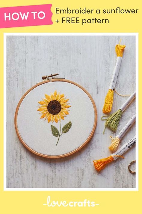 In hand embroidery any season can be sunflower season. This free sunflower embroidery pattern by Amina aka Stitch Floral, is sunshine on earth! Designed in bright shades of Paintbox Crafts Stranded Cotton, you can stitch your own embroidery sunflower in just 8 easy steps. Sunflower Embroidery Tutorial, Sunflower Embroidery, Pdf Embroidery Pattern, Lazy Daisy Stitch, Wooden Embroidery Hoops, Floral Embroidery Patterns, Stitching Techniques, Embroidery Tutorial, Sunflower Pattern