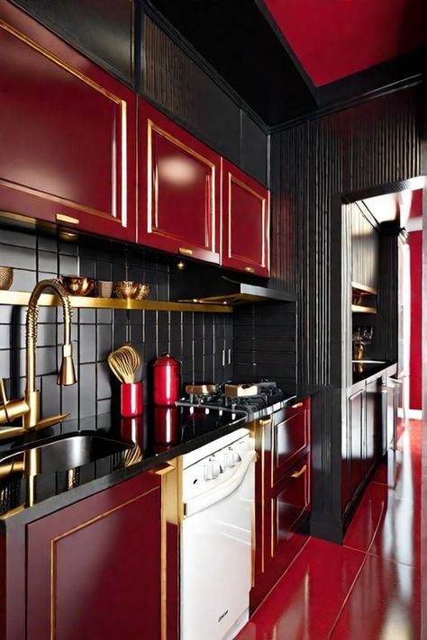 Experiment with this precise design and furniture in your own area using AI HomeDesign with just one simple click!Red, Black, Gold, Kitchen, Luxury, Bespoke, Accents, Color scheme, Crimson, Palette, Shining, Design, Colour, Scheme, Room#KitchenDesign #RedBlackGold #LuxuryKitchen #InteriorDesign #ColorScheme #BespokeDesign #GoldAccents #CrimsonBlack #AIHomeDesign #HomeDecor Kitchen Design Red And Black, Red Kitchen Interior, Kitchen Decor Red Accents, Red Fridge Kitchen Design, Black Red Kitchen, Red And Black House Decor, Red Kitchen Aesthetic, Red And Black Interior Design, Red And White Kitchen Ideas