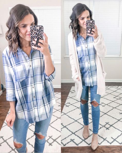 Fall fashion, Target style, plaid flannel shirt, high rise skinny jeans, block heel mules Blue Flannel Shirt Outfit Women, Blue And White Flannel Outfit, Blue Flannel Outfit Women, Plaid Flannel Shirt Outfit, Flannel Outfit Women, Brown Flannel Outfit, Blue Flannel Outfit, Target Fall Outfits, White Flannel Outfit