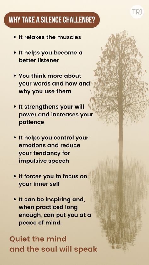 Starting with only 24 hours, a 24-hour of complete silence. No speaking, texting, posting on social media. And then I will see if it is something I can do for a longer period of time—like a vow of silence. The aim of this challenge is to benefit from the many rewards of being silent. Benefits Of No Social Media, Benefits Of Silence, Vow Of Silence Quotes, How To Be Silent, No Social Media Challenge, Practicing Silence, Practice Silence, Quotes On Silence, The Art Of Silence