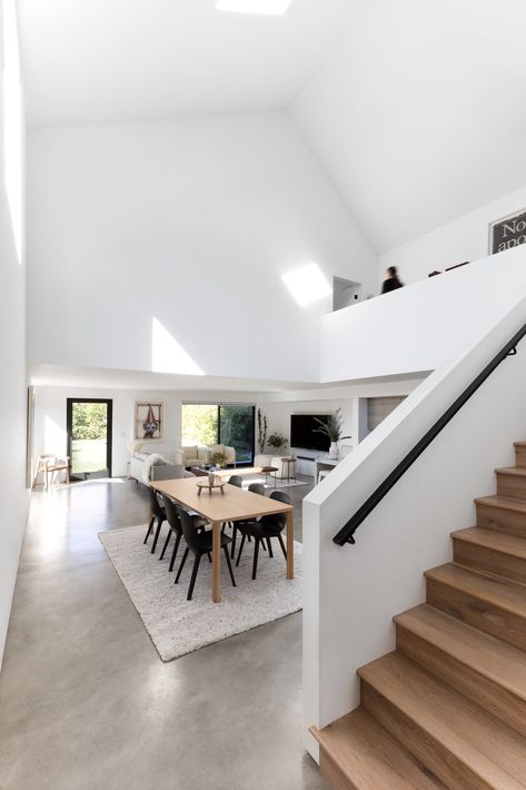 Concrete Floors Living Room, Concrete Floors In House, Black Barn, Cement Floor, Wood Stairs, Concrete Floor, Modern Barn, Black Exterior, Barn Style