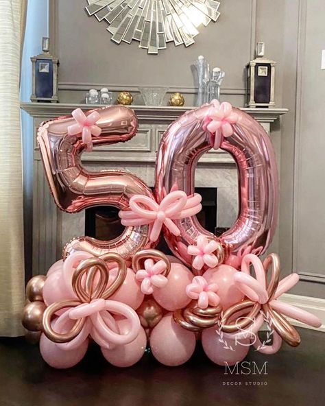 50 Balloon Bouquet, 50th Balloons, Birthday Present Ideas For Women, Pink Balloon Bouquet, 50th Birthday Balloons, Party Balloons Diy, Balloon Business, 50th Birthday Presents, Balloons Decor