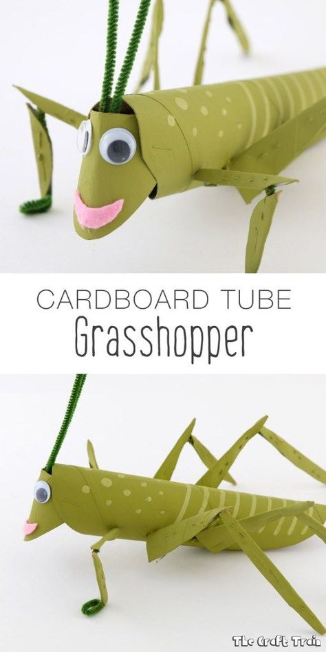 Have you seen any grasshoppers yet? If not, make your own! // Article by The Craft Train Grasshopper Craft, Recycle Craft Projects, Recycling For Kids, Cardboard Craft, Insect Crafts, Recycled Art Projects, Bug Crafts, Easy Arts And Crafts, Toilet Paper Roll Crafts