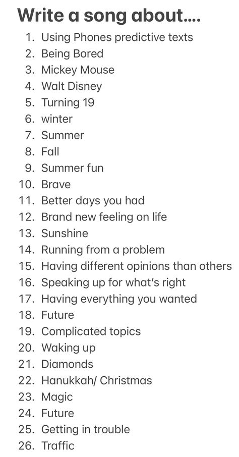 Writing A Musical, Song Writing Challenge, Things To Write Songs About, Song Ideas Writing Lyrics, Psychology Research Topics, Songs To Write, Song Lyric Ideas, How To Write A Song, Topics To Research