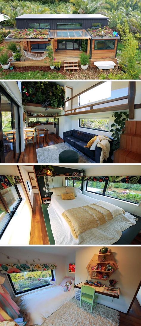 9 Examples Of Tiny Homes That Make Living Small Look Comfortable Interior Green Wall, Tiny Cabins Interiors, Tiny Loft, Small Pergola, Small Living Spaces, Cabin Inspiration, Tiny House Loft, Open Plan Living Room, Tiny House Floor Plans