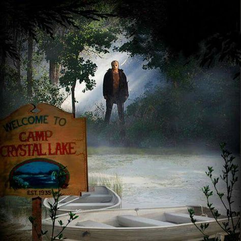 WELCOME TO CAMP CRISTAL LAKE Camping Drawing, Lake Tattoo, Happy Friday The 13th, Camp Crystal Lake, Horror Movie Art, Halloween Painting, Crystal Lake, Animated Drawings, Friday The 13th