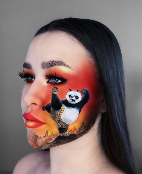 Movie in Makeup Body Paint Kung Fu Panda Makeup, Anime Face Painting, Face Painting Designs Creative, 2022 Makeup, 2023 Makeup, Makeup Artistic, Tshirt Painting, Halloween Eye Makeup, Face Paintings