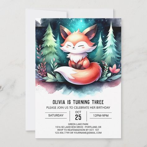 Fantasy Pastel Fox Birthday digital Lion Birthday Invitations, Wolf Birthday, Cat Birthday Invitations, Lion Birthday, Fox Birthday, Tiger Birthday, Magical Woodland, Wolf Illustration, Online Invitation