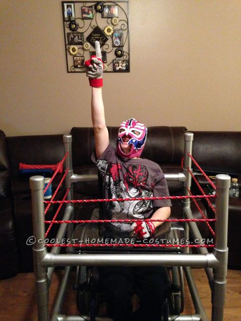 Wrestling+Rink+Wheelchair+Costume Diy Wheelchair, People In Wheelchairs, Wheelchair Costumes, Clever Halloween, Rey Mysterio, Clever Halloween Costumes, Couples Diy, Pink Cadillac, Homemade Costumes