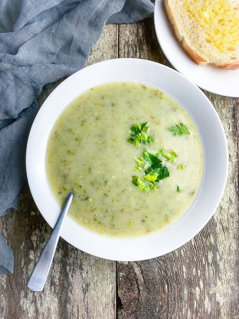 Celery leaves, really? Yes! I am a converted non-believer that celery leaves can be tasty. The No-Waste Celery Leaf Soup is a delicious and sustainable way to use the always discarded celery leaves which not only reduces food waste but also adds vitamins, minerals and an herb-y burst of flavor to Celery Leaf Soup, Celery Leaves, Potato Leek Soup, Leftover Bread, How To Make Pesto, Leek Soup, Creamy Potato, No Waste, Reduce Food Waste