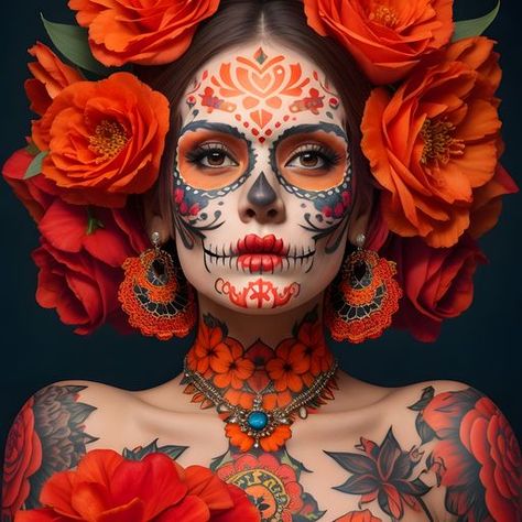 Portrait of woman with "Dia de los muertos" makeup Red Day Of The Dead Makeup, Day Of The Dead Face Makeup, Dia De Los Muertos Makeup For Women, Katrina Makeup, Day Of The Dead Woman, Muertos Makeup, Day Of The Dead Makeup, Halloween Makeup Witch, Halloween Makeup Sugar Skull