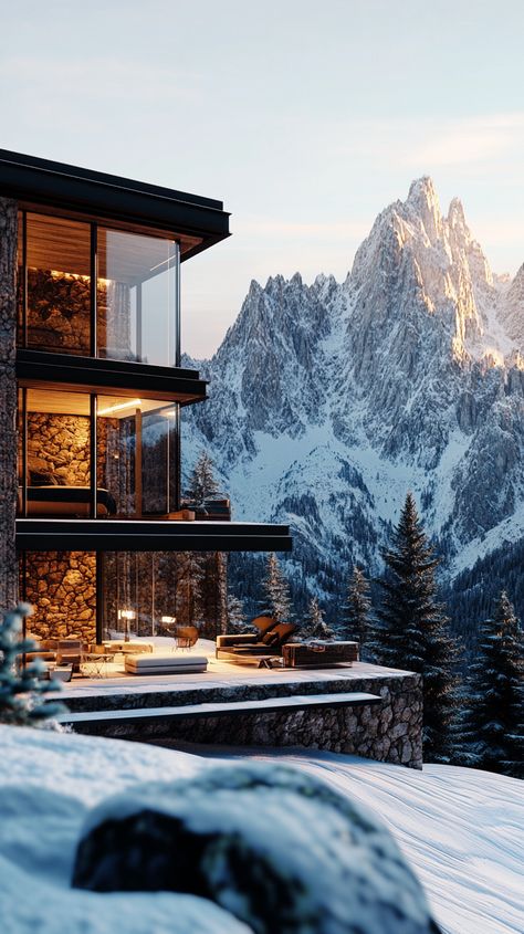 Luxurious Mountain Home with Spacious Windows offering Stunning Peak Views House Overlooking Mountain, House In Snowy Mountains, Snowy Mountain House, Mountain Ocean View Home, Mountain View Living Room Big Windows, Glass Office, Welcome To My House, Luxury Interiors, Mountain Homes