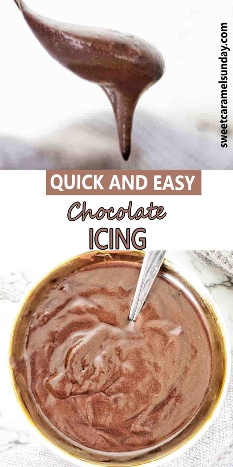 Chocolate icing bing dripped from spoon above white bowl of the same. Brownie Icing Easy, 3 Ingredient Chocolate Frosting, How To Make Chocolate Icing, Homemade Chocolate Cake Icing, Chocolate Drizzle For Cake, Chocolate Butter Icing Recipe, Chocolate Icing Recipe For Cake, Chocolate Icing Recipe Easy, Brownie Icing Recipe