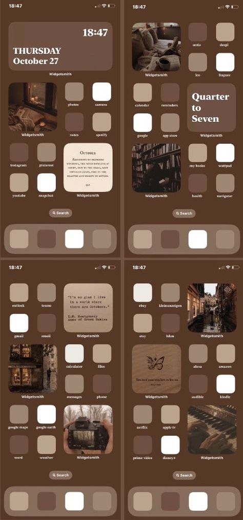 Dark Autumn Aesthetic Wallpaper Iphone, Dark Academia Ios 16 Wallpaper, Brown Aesthetic Ios 16, Fall App Widgets Aesthetic, Dark Academia Aesthetic Homescreen, Autumn Aesthetic Phone Layout, Brown Home Screen Layout, Dark Academia Homescreen Layout, Fall Phone Layout Ideas