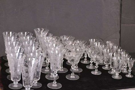 40 piece Fostoria etched crystal stemware set; 155-853 Fostoria Crystal, Crystal Pattern, Crystal Stemware, Juice Glasses, Auction Items, Vintage Glassware, Stemware, Iced Tea, Etching