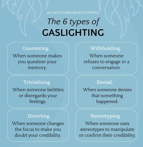 Gaslighting involves manipulative tactics to undermine someone’s reality: 1. Countering: Questioning memory. 2. Trivializing: Minimizing feelings. 3. Diverting: Changing focus. 4. Withholding: Refusing to engage. 5. Denial: Rejecting truth. 6. Stereotyping: Exploiting biases. These tactics erode confidence and create dependency. #gaslighting #gaslightingawareness #manipulativetactics #countering #trivializing #diverting #withholding #denial #stereotyping #dependency #emtionalhealth #emotio... Grounding Yourself, Narcissism Relationships, Mental Health Facts, Relationship Blogs, Relationship Lessons, Relationship Therapy, Mental Health Therapy, Relationship Psychology, Writing Therapy