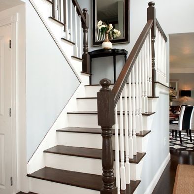 Black Bean Soup banjamin moore Paint Color | Benjamin Moore Black High Ranch, White Railing, Ranch Interior, Foyer Paint, Stairwell Ideas, Staircase Landing, White Staircase, Painted Staircases, White Stairs