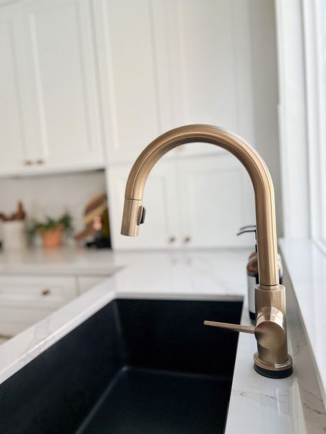 Champagne Gold Kitchen Hardware, Brushed Bronze Kitchen Faucet, Brushed Gold Kitchen Hardware, Brushed Bronze Kitchen, Gold Hardware Kitchen, Gold Faucet Kitchen, Black Undermount Kitchen Sink, Brass Kitchen Fixtures, Champagne Bronze Kitchen