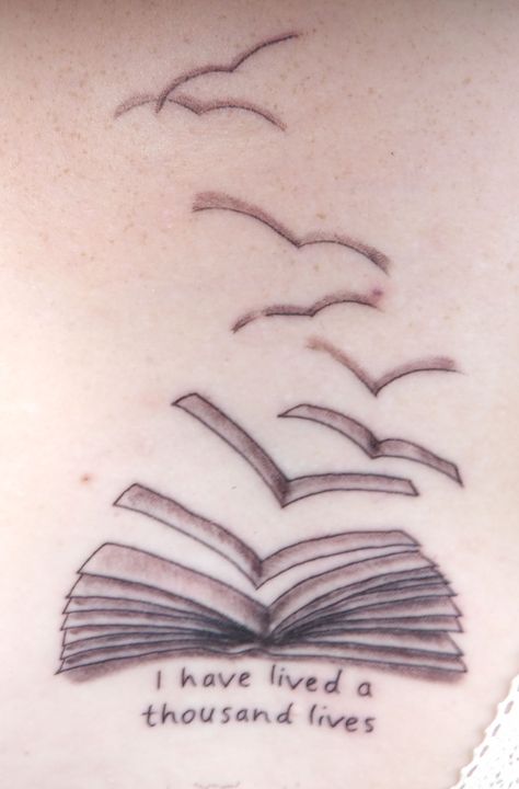 Book pages turning into birds, upper back Book With Pages Flying Out Tattoo, Turn The Page Tattoo, Book Page Tattoo, Bookish Tattoos, Essential Oil Beauty, Turning Pages, Original Tattoos, B Tattoo, Book Tattoo