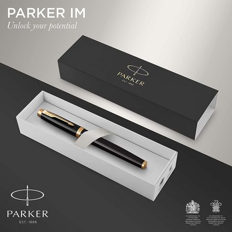 Smart, polished and established designs meet a modern, tapered silhouette. Glossy black lacquer finish complemented with gold trims and the signature PARKER arrow clip. Durable stainless steel fine nib delivers a writing experience that’s both reliable and personal. A comfortable and ergonomic shape is paired with superior PARKER craftsmanship to evoke the brand’s rich heritage. Parker Fountain Pen, Parker Jotter, Parker Pen, Kids Art Supplies, Matte Red, Ink Refill, Rollerball Pen, Brushed Metal, Pen Sets