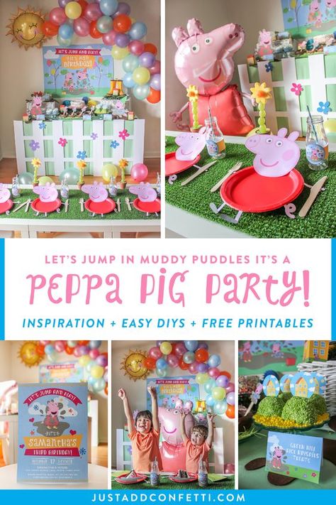 This Peppa Pig birthday party is so much fun! Check out all of the creative and simple Peppa Pig party ideas and inspiration. Fun foods, easy decor DIYs, and FREE printables! With these party ideas you will be able to re-create this celebration at home in no time! Be sure to head to justaddconfetti.com for even more party ideas and printables! Peppa Pig Picnic Party, Simple Peppa Pig Birthday Decoration, Peppa Pig Birthday Party Activities, Peppa Pig Party Printables, Peppa Pig Two Year Old Party, Peppa Pig Party Decorations Diy, Peppa Pig Fruit Tray, Peppa 2nd Birthday, Peps Pig Party