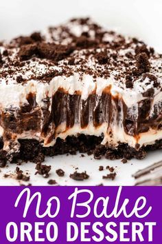 This easy No Bake Oreo Dessert is an irresistible mix of whipped cream, chocolate pudding, Oreo cookies, and a rich cream cheese filling all stacked on an Oreo crust. This is a total crowd pleaser and is one of my family's favorite desserts! Easy Frozen Oreo Dessert, Oreo Pudding Dessert Cups, Oreo Cookie Trifle Dessert, Easy Dessert Recipes With Oreos, Oreo Lasagne Dessert, Desserts To Make With Oreos, Oreo Recipes Easy No Bake, Oreo Dessert Recipes Easy 3 Ingredients, Oreo Desserts Easy