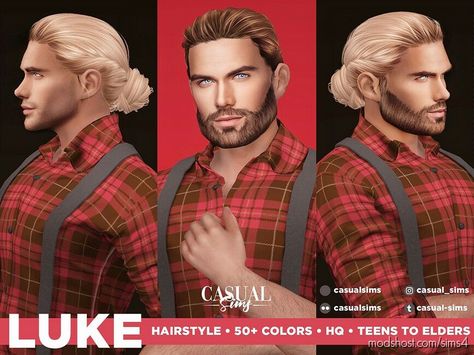 Luke Hairstyle mod for Sims 4 at ModsHost! Long, masculine, male, straight, bun, man bun, updo. 50+ colors Teens to elders All LODS reduced HQ textures Origin of Mesh: Original Recoloring Allowed: Yes – Do not include mesh Polycount LOD 0 (highest): 25536 #sims #sims4cc #gaming #mods #videogames Bella Hadid Hair, Sims 4 Hair Male, Tumblr Sims 4, Bun Updo, Sims 4 Cc Packs, Sims Hair, Man Bun, Dreadlock Hairstyles, Sims Community