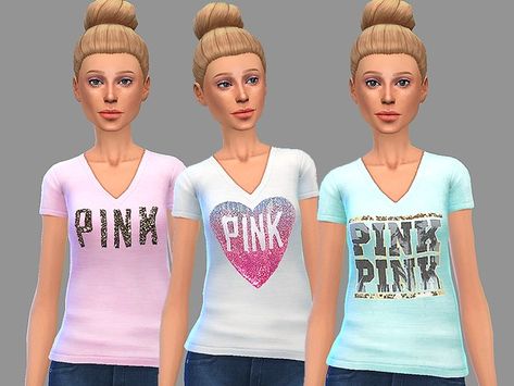 Women's Victoria Secret PINK V-Neck Bling Tee by sjalsmuffin Clothes Cc, Sims 4 Clutter, Sims 4 Downloads, Branded Clothing, Pink Pin, Cc Sims, Sims Community, Sims 4 Cc Finds, Sims 4 Cc