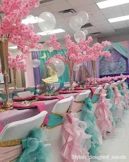 Mermaid Table Setting, Mermaid Table Decorations, Mermaid Baby Shower Decorations, Little Mermaid Centerpieces, Pastel Theme Party, Princess Tea Party Birthday, Mermaid Table, Event Decor Ideas, Party Decorations Table