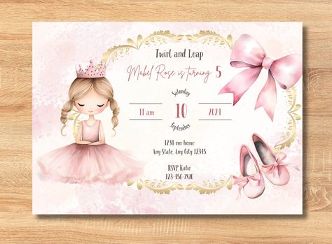 "Welcome to Hannah Mae Digital! Note: this listing is for an editable template. If you would prefer I edit or customize your invitation for you, please purchase the \"customize it for me\" listing!  This beautiful watercolor ballerina invitation is perfect for your tiny dancer! Would also make a beautiful baby shower theme and recital invitation.  I can change hair and skin message me first for options!  You can instantly download the template after purchase and customize it in FREE Canva with a Ballerina Birthday Invitations, Hannah Mae, Watercolor Ballerina, Ballerina Invitations, Birthday Souvenir, Bday Invitations, Change Hair, Birthday Paper, Ballerina Birthday