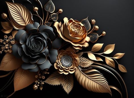 Black And Gold Bouquet, Gold And Black Flowers, Black And Gold Flowers, Flower Making Paper, Black And Gold Background, Making Paper Flowers, Anime Dresses, Black And Gold Aesthetic, Background With Flowers