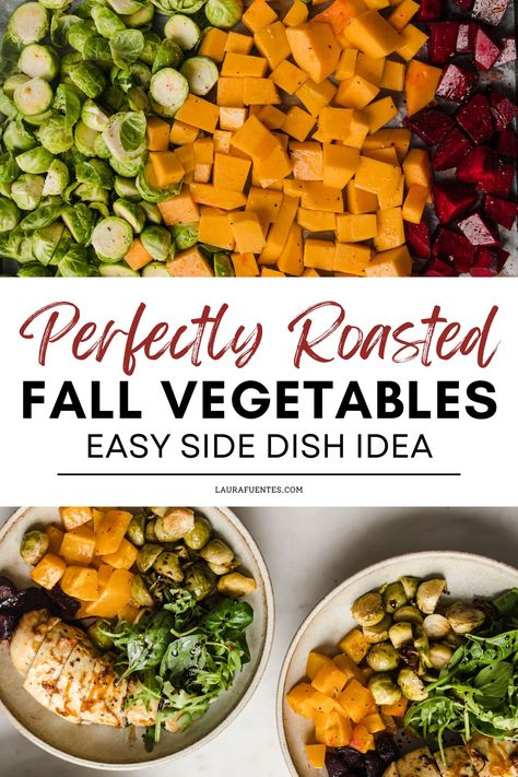 fall roasted vegetables Fall Roasted Vegetables, Roasted Vegetables Thanksgiving, Fall Vegetable Side Dishes, Fall Vegetables Recipes, Autumn Meals, Easy Veggie Side Dish, Roasted Fall Vegetables, Veggie Side Dish, Homemade Balsamic Vinaigrette