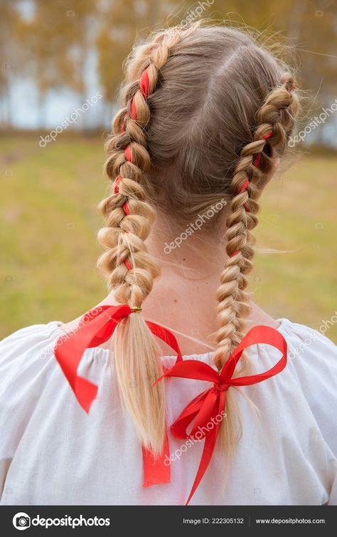 Hair Braided With Ribbon, Amish Hairstyles, Braids With Ribbons In Them, Russian Braids, Hair Braid Ribbon, Braids With Ribbon, Softball Braids, Race Day Hair, Russian Hairstyles