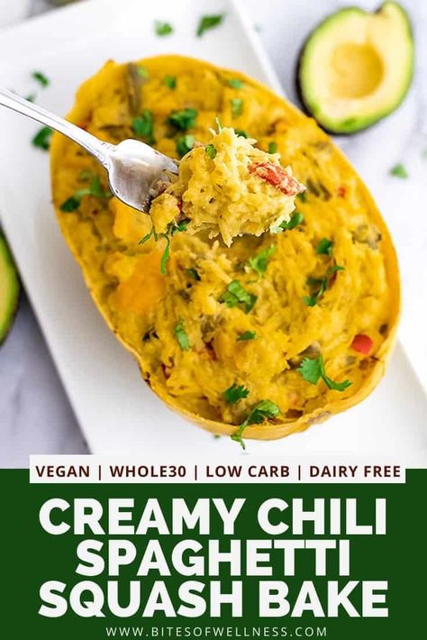 Creamy Green Chili Spaghetti Squash Bake is an easy, healthy recipe perfect as a side dish or main meal! This Mexican inspired dish is naturally vegan, gluten free, Whole30, low carb and paleo friendly! No coconut milk! This creamy green chili sauce is made with cashews and is completely dairy free! via @bitesofwellness Chili Spaghetti Squash, Bake Spaghetti, Spaghetti Squash Bake, Chili Spaghetti, Zucchini Dishes, Squash Bake, Green Chili Sauce, Green Chilis, Clean Eating Vegan