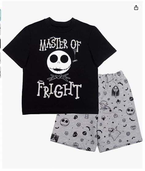 100% Cotton Imported Pull On closure Machine Wash 100% Cotton Officially licensed Disney Nightmare Before Christmas little boys short sleeve graphic tee shirt and cute and stylish shorts Featuring Jack Skellington, the Pumpkin King, with spiders and the words "Master of Fright" on black shirt; Spooky all-over print of pumpkins, Jack Skellington, Sally, ghosts, bats, masks, swirls and dots on grey shorts Christmas Jack Skellington, Disney Nightmare Before Christmas, Disney Toddler, Back To School Fashion, Halloween Pajamas, Pumpkin King, Nightmare Before Christmas Jack, Disney Boys, Shorts Outfit