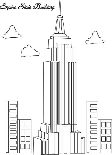 You can design your own light show for the Empire State Building after printing out this coloring page. #kidsfun Empire State Building Outline, Building Coloring Pages, Empire State Building Drawing, Usa Landmarks, New York Drawing, New York Graffiti, House Colouring Pages, Building Drawing, Famous Buildings