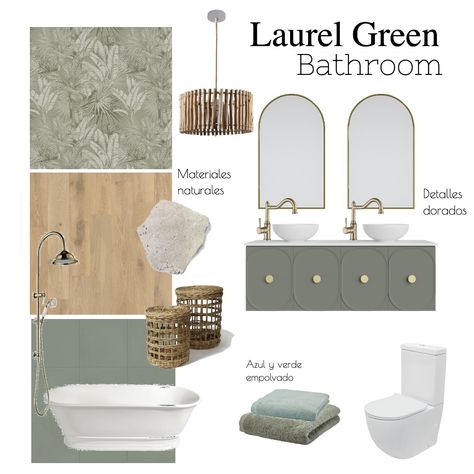 View the Laurel Green Bathroom Interior Design Mood Board and more designs by DanielaPeralta on Style Sourcebook. Products Include: Luxe Palms - Vintage Green, Arched Gold Satin Brass Metal Frame Bathroom Mirror - 96cm x 56cm, Winton Back To Wall Toilet Suite Slim Seat In White By Raymor, CONTRASTI SOLID CELADON 200X200, Travertine Classic Pearl Honed & Tumbled Random Stone Sage Bathroom, Style Sourcebook, Green Bathroom Interior, Frame Bathroom, Laurel Green, Design Mood Board, Wall Toilet, Light Hardwood Floors, Back To Wall Toilets