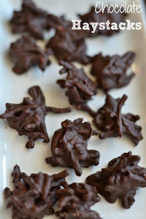 Easy Chocolate Haystacks-Kid Friendly Chocolate Haystacks Recipe, Chocolate Haystacks, Haystack Cookies, To Simply Inspire, Haystacks Recipe, Sugary Treats, Desert Ideas, Chow Mein Noodles, Homemade Candies