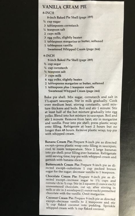 Betty Crocker's 1980 New and Revised Edition Cookbook. Banana Cream Pie also wonderful. A never fail recipe. Betty Crocker Coconut Cream Pie, Vanilla Cream Pie, Vintage Betty Crocker, Sweetened Whipped Cream, Coconut Cream Pie, Banana Cream Pie, Pie Shell, Banana Cream, Vanilla Cream