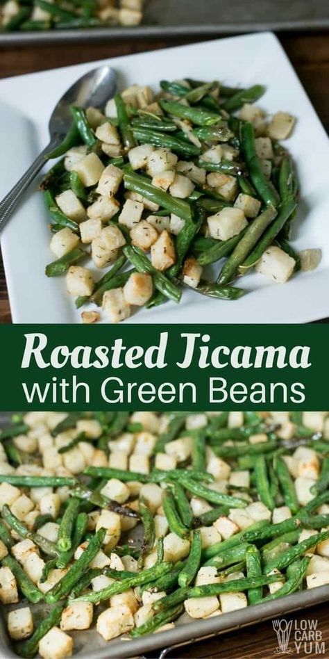 An easy roasted jicama with green beans that bakes up on a sheet pan. It's a great AIP paleo friendly recipe seasoned with olive oil, garlic, and herbs. | LowCarbYum.com via @lowcarbyum Roasted Jicama, Jimaca Recipes, Jicama Recipes, Jicama Recipe, Thyme Salt, Paleo Friendly Recipes, Dried Rosemary, Keto Side, Olive Oil Garlic