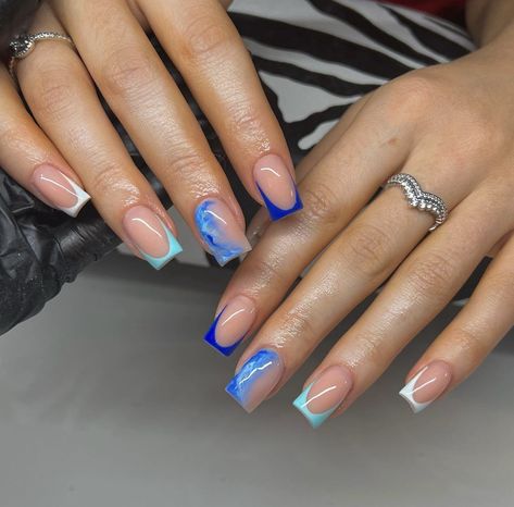 Short Biab Nail Designs Summer, Nails Acrylic Short Square Blue, Blue Tips Nails Square, Cute Blue Square Nails, April Short Nails Ideas, Short Square Acrylic Nails Designs Spring, Blue French Tips Square, Square Acrylic Nails Blue, Short Square Acrylic Nails Blue French Tips