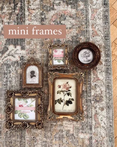 Wall Of Vintage Frames, Mini Picture Frames On Wall, Mini Vintage Picture Frames, Mini Picture Frames Ideas, Tiny Framed Art, Vintage Picture Frames On The Wall, Rustic Wall Collage, Tiny Picture Frames, Mini Gallery Wall