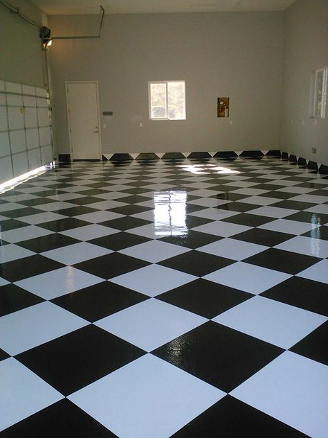 Epoxy Garage Floor Coating, Epoxy Garage Floor, Concrete Floor Coatings, Checkered Floor, Garage Floor Paint, Steel Garage Doors, Garage Floor Coatings, Garage Floor Tiles, Garage Floor Epoxy