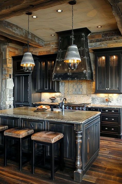 Black Western Kitchen, Western Gothic Kitchen, Western Kitchen Ideas, Interior Design Western, Mexican Hacienda Kitchen, Black Distressed Cabinets, Black Farmhouse Kitchen, Dark Home Interior, Hacienda Kitchen