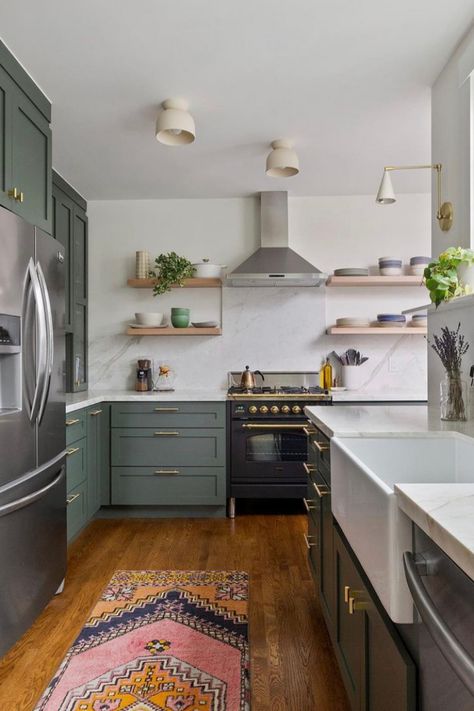 Trendy Paint Colors, Inset Cabinetry, Farmhouse Kitchen Cabinets, Timeless Kitchen, Kitchen Installation, Green Cabinets, Classic Kitchens, Kitchen Trends, Open Concept Kitchen