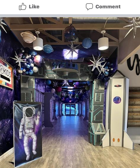 Outer Space Hoco Theme, Outer Space Dance Theme, Space Hallway Decorations, Space Parade Float Ideas, Vbs Stellar Decorations, Sci Fi Party, Stellar Vbs 2023, Aliens Halloween, Vbs Stellar