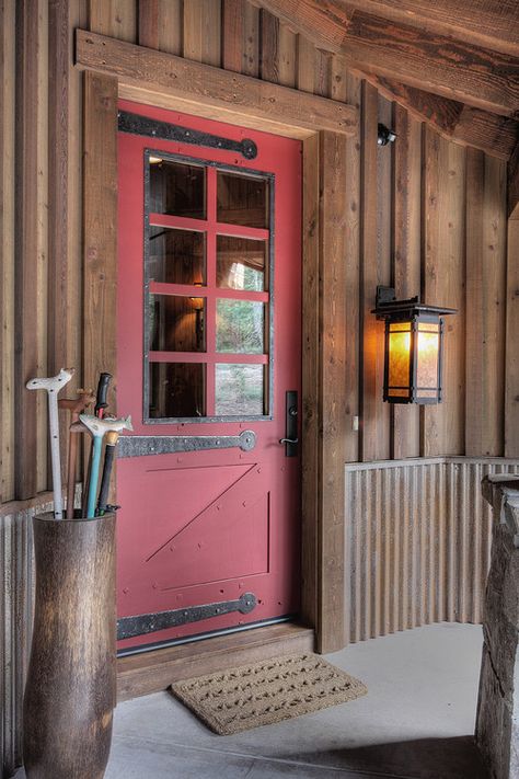 The History and Charm of a Red Front Door - Town & Country Living Wood Siding Exterior, Wainscoting Styles, Red Front Door, Door Design Photos, Steel Siding, Cabin Doors, Rustic Exterior, Cabin Exterior, Pink Door