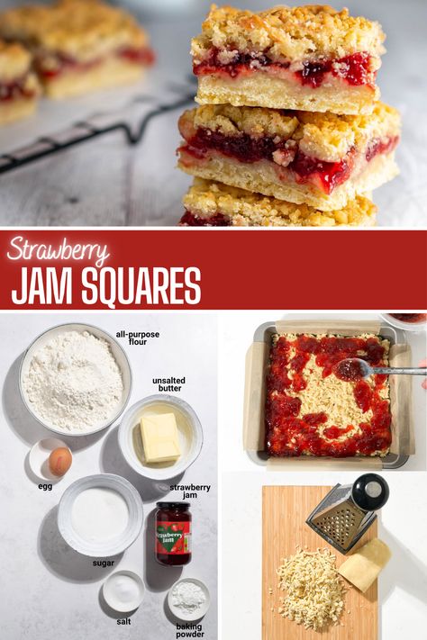 A stack of three strawberry jam crumble bars. Baking With Jam, Jam Tarts Recipe Simple, Jam Squares Recipes South Africa, Hungarian Tart, Jam Crumble Bars, Jam Tarts Recipe, Jam Squares, Shortbread Crumble, Jam Bars