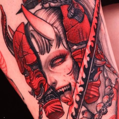 Tato Irezumi, Tato Geisha, Feather Tattoo Arm, Oni Mask Tattoo, Geisha Tattoo Design, Oni Tattoo, Cyberpunk Tattoo, Hanya Tattoo, Cuff Tattoo