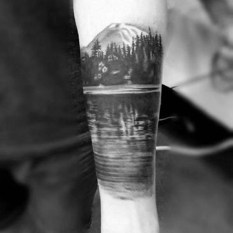 40 Lake Tattoo Designs For Men - Nature Ink Ideas Lake Tattoos For Men, Lake Life Tattoo Ideas, Lake Tahoe Tattoo, Lake Tattoo Ideas, Cottage Tattoo, Cabin Tattoo, General Tattoo, Celestial Tattoos, Moutain Tattoos